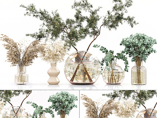 現代植物玻璃花瓶,花藝,花瓶擺件su草圖模型下載