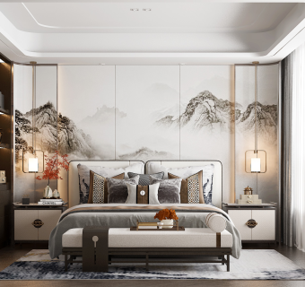 新中式卧室su草图模型下载