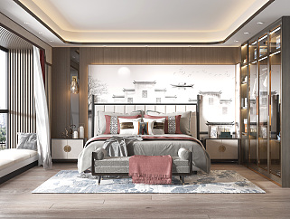 新中式家居卧室su草图模型下载