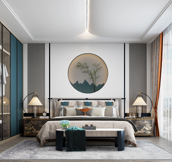 新中式卧室su草图模型下载