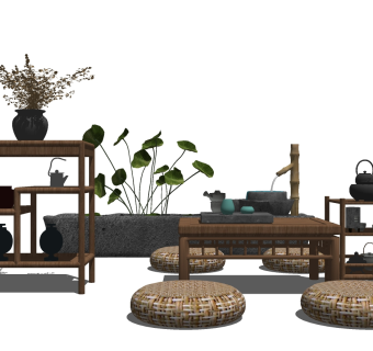 21新中式茶桌椅装饰架摆台水景景观蒲团su草图模型下载