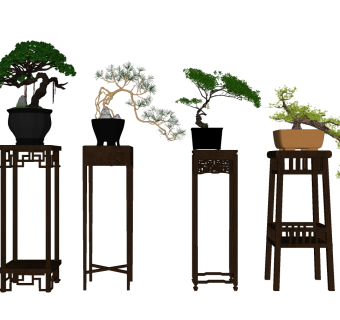 新中式盆景植物花架摆台 su草图模型下载