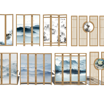 110中式屏风隔断花格组合su草图模型下载