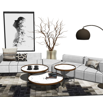 112现代轻奢沙发茶几花瓶干枝落地灯su草图模型下载