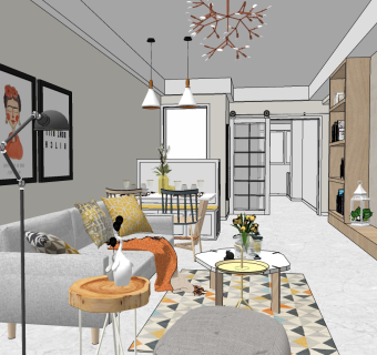 018北欧客餐厅沙发茶几餐桌椅吊灯落地灯装饰画su草图模型下载