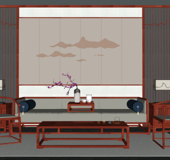 10新中式沙发茶几台灯罗汉床饰品摆件su草图模型下载