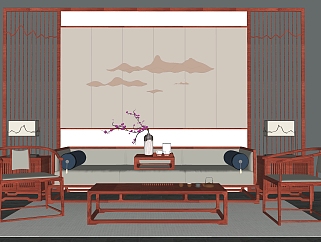 10新中式沙发茶几台灯罗汉床饰品摆件su草图模型下载