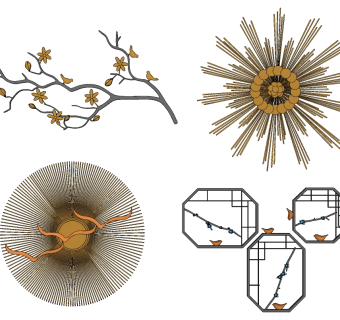 新中式树枝小鸟梅花干支墙饰挂件挂饰 (27)su草图模型下载