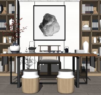 新中式茶室茶桌椅子书房书桌椅书柜su草图模型下载