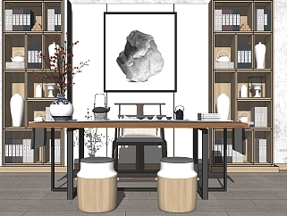 新中式茶室茶桌椅子书房书桌椅书柜su草图模型下载