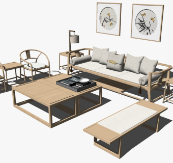 1新中式实木家具沙发茶几罗汉床卧榻台灯装饰挂画椅子su草图模型下载