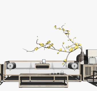 4新中式罗汉床卧榻沙发茶几茶具花瓶陶罐su草图模型下载
