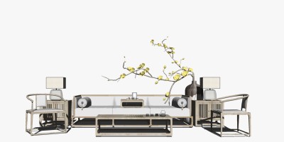 4新中式罗汉床卧榻沙发茶几茶具花瓶陶罐su草图模型下载