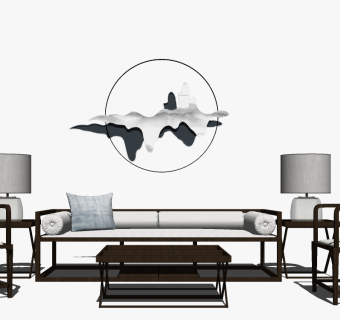 5新中式实木家具沙发茶几罗汉床卧榻台灯椅子su草图模型下载