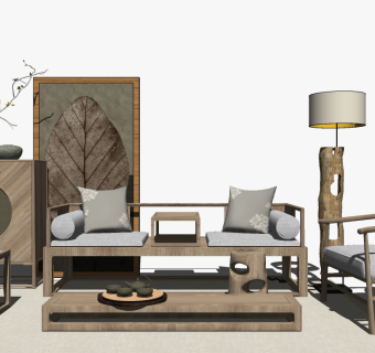 8新中式实木家具沙发茶几罗汉床卧榻台灯木头落地灯边柜su草图模型下载