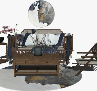 16新中式东南亚泰式沙发茶几花瓶椅子摆件su草图模型下载