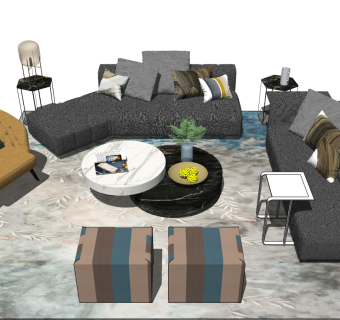 北欧现代轻奢沙发茶几休闲椅子沙发su草图模型下载