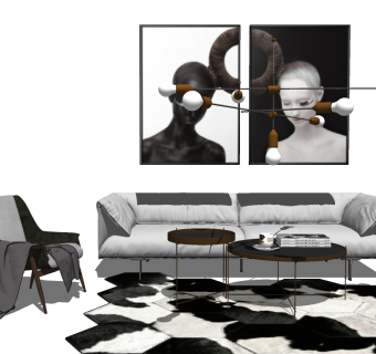 北欧现代沙发茶几休闲椅子吊灯组合 (1)su草图模型下载