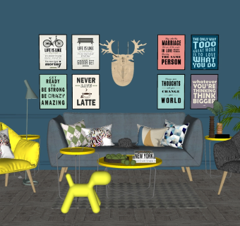 北欧现代沙发茶几休闲椅子公仔装饰画挂画su草图模型下载