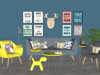 北欧现代沙发茶几休闲椅子公仔装饰画挂画su草图模型下载