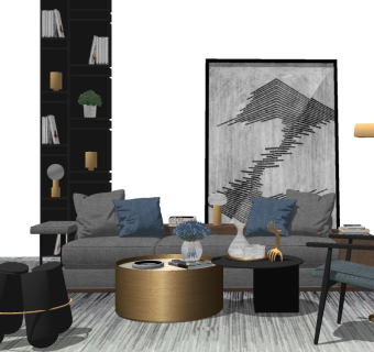 现代轻奢沙发茶几休闲椅子落地灯书柜su草图模型下载
