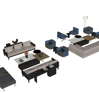 现代新中式转角沙发茶几休闲沙发单椅子组合su草图模型下载