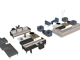 现代新中式转角沙发茶几休闲沙发单椅子组合su草图模型下载