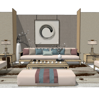 新中式东南亚实木沙发茶几台灯茶具花瓶干枝su草图模型下载