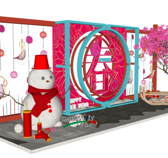 新年春节舞台美陈背景中国节雪人雪橇 SketchUpsu草图模型下载