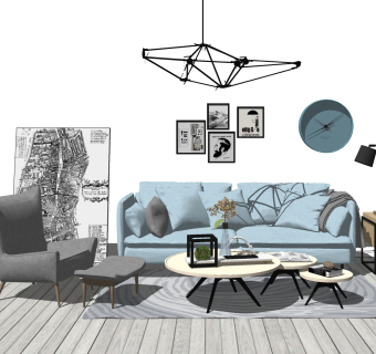 1北欧现代 沙发茶几休闲椅子时钟吊灯挂画 su草图模型下载
