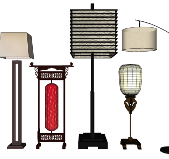 02新中式日式台灯木制雕花 红灯笼台灯 落地灯组合su草图模型下载