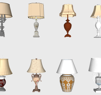 32欧式陶瓷青花瓷台灯床头灯组合su草图模型下载