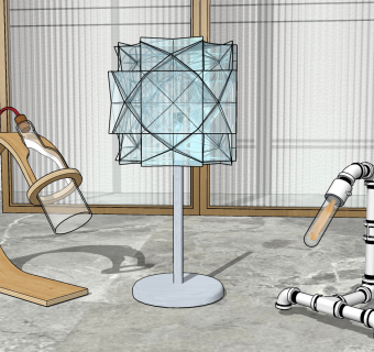 57现代工业风创意异形玻璃透明台灯 木制灯架玻璃瓶子台灯 水管管道 台灯组合su草图模型下载