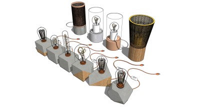 61现代石制台灯灯泡藤编编织竹篓子灯泡台灯su草图模型下载