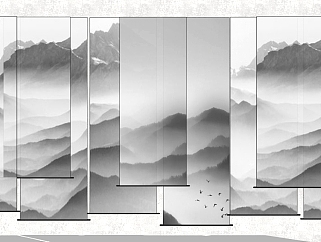 2新中式山水画窗帘遮光帘卷帘su草图模型下载