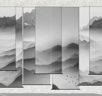 2新中式山水画窗帘遮光帘卷帘su草图模型下载