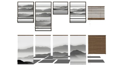 15新中式山水画卷帘百叶帘竹帘su草图模型下载