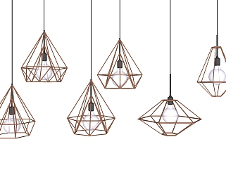 5现代工业风铁艺金属钻石形状吊灯灯泡组合SketchUpsu...