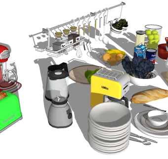 11面包机咖啡机水果厨房餐具组合SketchUpsu草图模型下载