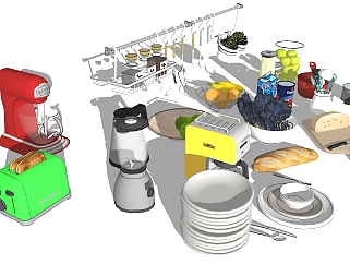 11面包机咖啡机水果厨房餐具组合SketchUpsu草图模型...