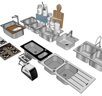 13洗菜盆燃气灶绞肉机调料菜板厨房用品组合SketchUpsu草图模型下载