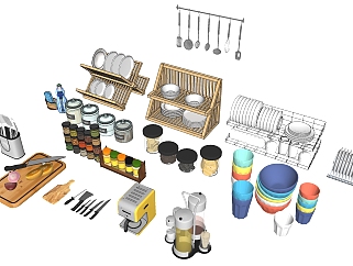 12木质金属<em>餐具</em>架调料菜板厨房用品组合SketchUpsu草图...