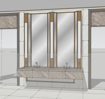 18现代简约轻奢公共卫生间石材洗手台铜边造型镜子SketchUpsu草图模型下载