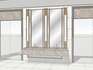 18现代简约轻奢公共卫生间石材洗手台铜边造型镜子SketchUpsu草图模型下载