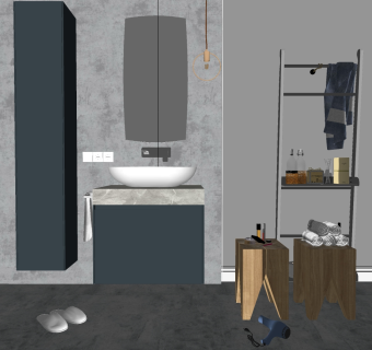 20现代简约洗手台圆形台上盆镜子插座壁灯拖鞋吹风机毛巾口红眉笔铁艺架置物架台灯柜卫浴饰品SketchUpsu草图模型下载