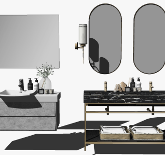 7现代轻奢铁艺工业风洗手台镜子卫浴饰品简约异形台盆浴巾手巾收纳框SketchUpsu草图模型下载