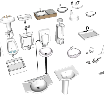 4柱式洗手台现代简易洗手台洗手盆小便斗龙头组合SketchUpsu草图模型下载