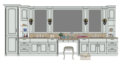 16欧式美式洗手台收纳柜口红美式化妆收纳盒卫浴用品剃须镜拉手梳妆台凳SketchUpsu草图模型下载