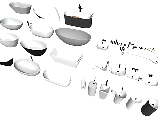 1现代独立异形浴缸柱式台盆洗手台小便斗龙头SketchUpsu草图模型下载