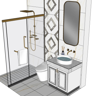 13简欧现代洗手台镜子壁挂龙头淋浴隔断毛巾花洒马桶圆形台上盆SketchUpsu草图模型下载